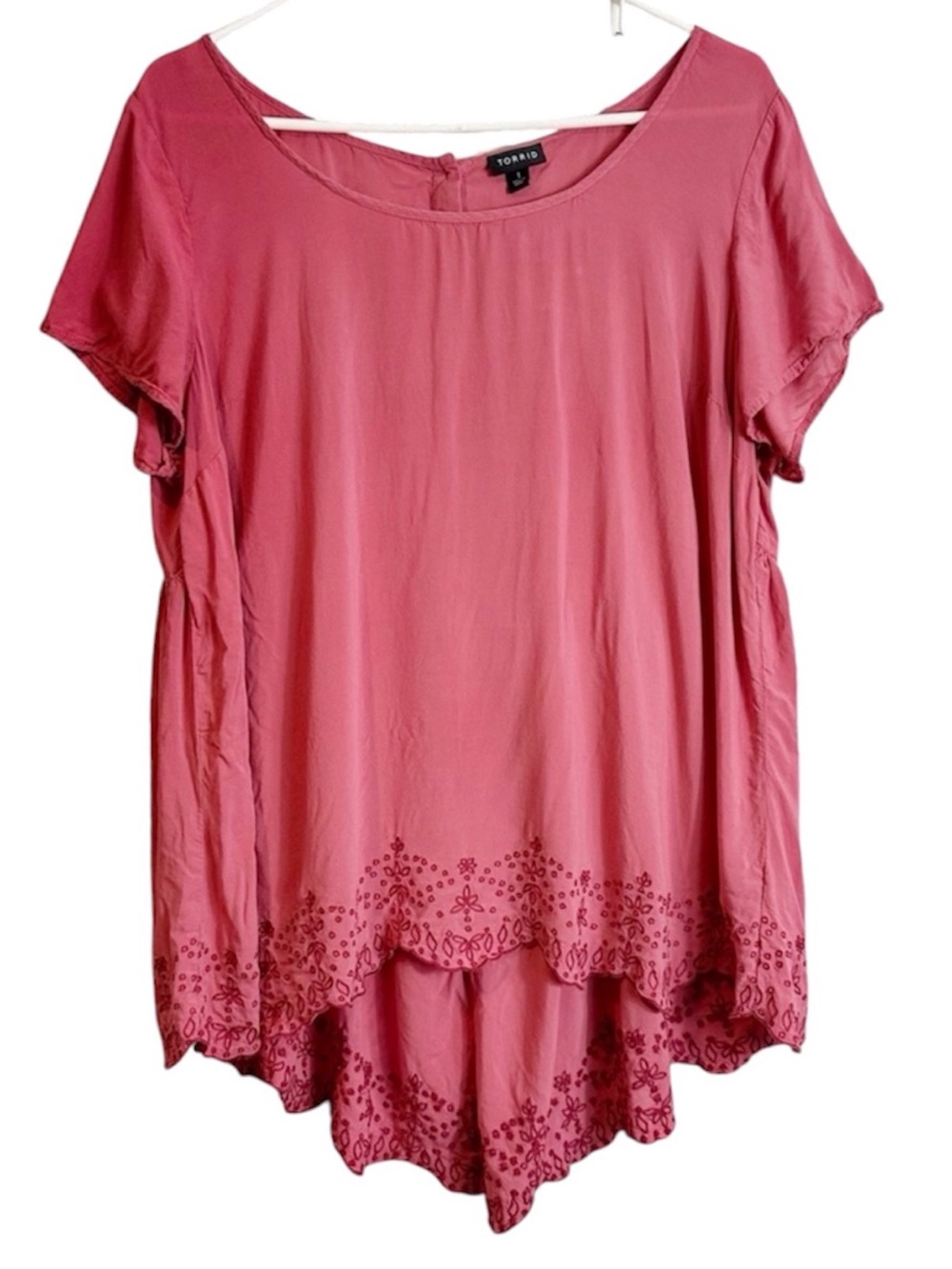 Torrid Dusty Rose Embroidered Hem Button Open Back Blouse